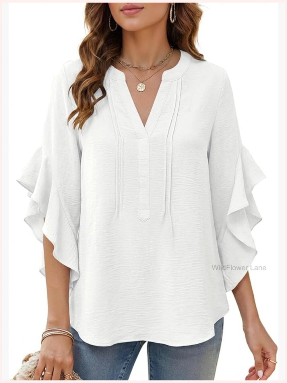 Dressy Casual V-Neck Blouse 3/4 Sleeve Ruffle Top Women Business Work Shirt